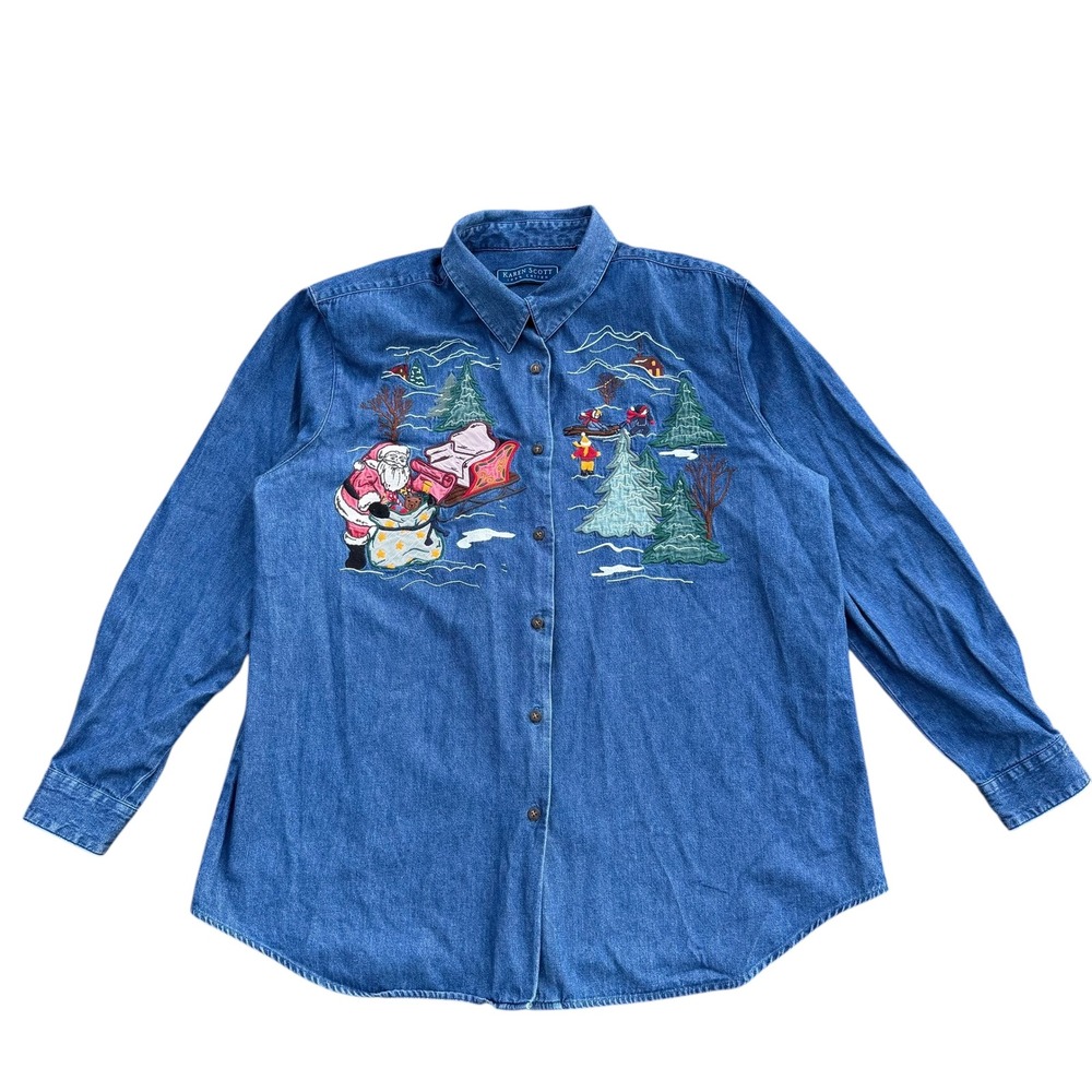 Karen Scott Women's Denim Shirt XL Santa‎ Christmas Embroidered Button Up